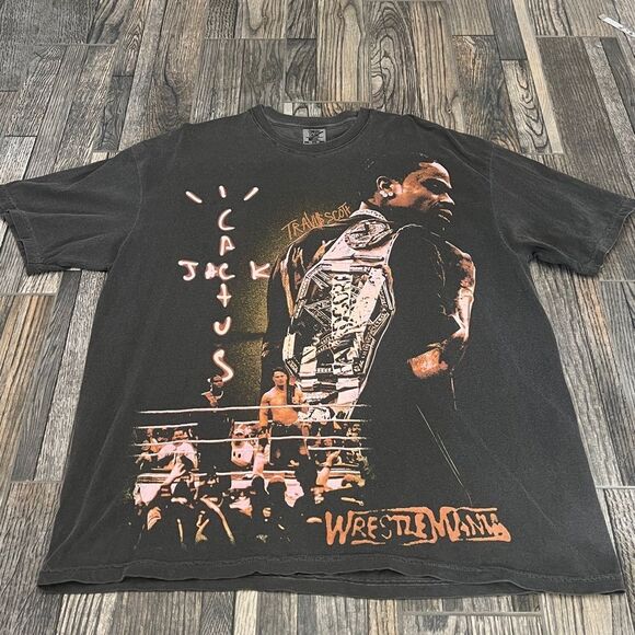 🔥🔥 TRAVIS SCOTT CACTUS JACK x WRESTLEMANIA WWF WWE Rap Music Graphic Tee 2XL - Picture 4 of 10